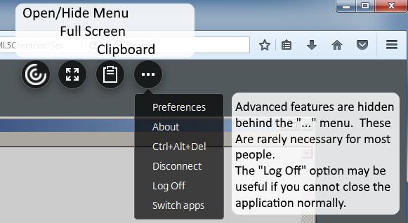 Clicking on the menu tab brings up additional options. The most useful of these is generally the Clipboard button that lets you transfer text to and from the session.