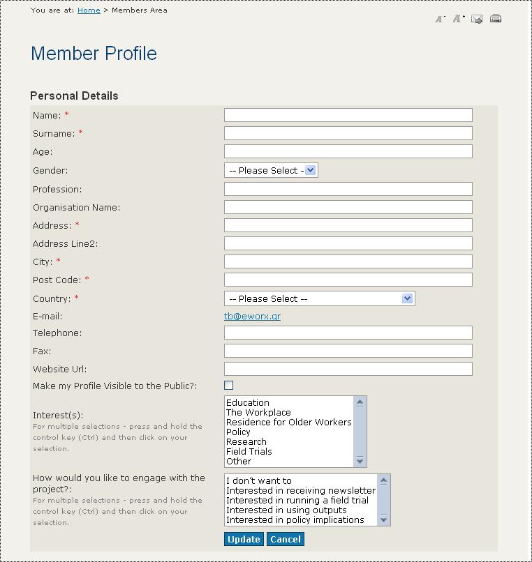Figure 22: ProMenPol Members Profile Screen The Members Profile screen asks users to complete basic information about themselves and the respective organisation that they represent.