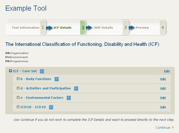 Figure 25: ICF Details Screen To access all the possibilities associated with the ICF Core Set - b Body Functions for instance [Click] b -