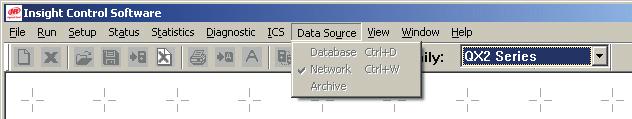 9.1.3.8 Data Source Menu The Data Source Menu allows you to choose the ICS mode of operation: Database, Network, or Archive. Database When checked, indicates user is operating in Local Database Mode.