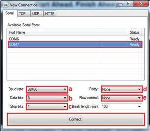 4. Select the connected COM Port. 5. Select following parameter for COM Port. a. Baud Rate : 38400 b. Data bits : 8 c.