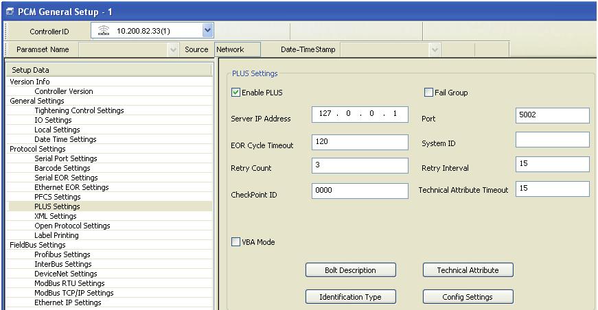 3.4.3.11 PLUS Settings Plus Settings gives ability to program the settings to communicate between PLUS server and IC-PCM 1:1 The PLUS interface is used to control and acquire EOR Cycle Data and send