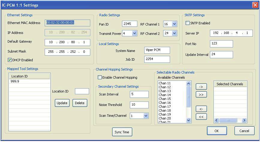 This IC-PCM Settings dialog box has the following Settings. 1. Ethernet Settings 2. Radio Settings 3. SNTP Settings (Applicable only for IC-PCM 1:1) 4. Channel Hopping Settings 5.