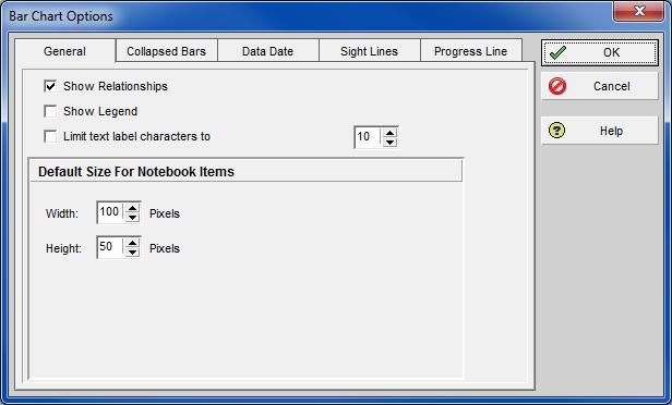 8.3.6 Bar Chart Options Form The Bar Chart Options form is displayed by: Clicking on the icon from the Bars form, or By selecting View, Bar,, or Right-clicking in the Gantt Chart area and selecting