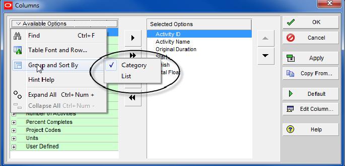 8.5 Formatting Columns 8.5.1 Selecting the Columns to be Displayed The columns are formatted through the Columns form which may be opened by: Select View, Columns, Customize, or Click on the icon,