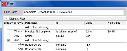 13.3.4 Multiple Parameter Filter The following example is a filter to display incomplete activities on the critical path with resources PEH and SEH: In this example, (All of the following) was