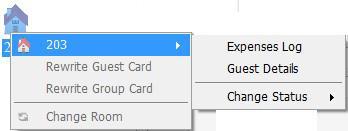 4 Daily Management The figure above illustrates the right-click menu of 203, from which operators can check the Expenses Log, Change Status and Guest Details, Rewrite Guest Card, Rewrite