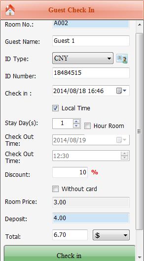 a. Guest Check In Operations: Click the icon of a room in the list, input guest information, select Arrival Date, Stay Day, Level Date, and Level Time, and click [Checking In] to finish