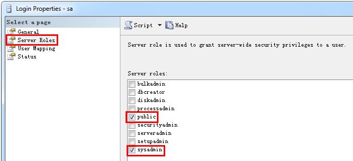 Click [Server Roles] in Login Properties sa interface