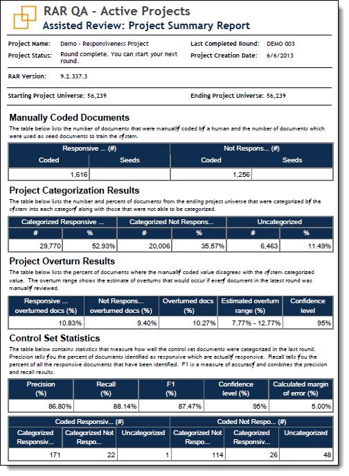 5.5 Project Summary The Project Summary report provides a consolidated set of quality metrics from the entire project so that you can see the state of the project based on the last round completed.