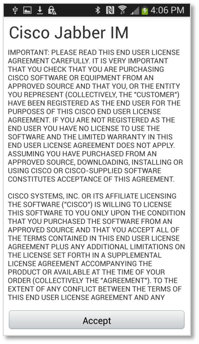 The Jabber License agreement displays (Figure 12). These materials have been reproduced by AT&T with the permission of Cisco Systems Inc.