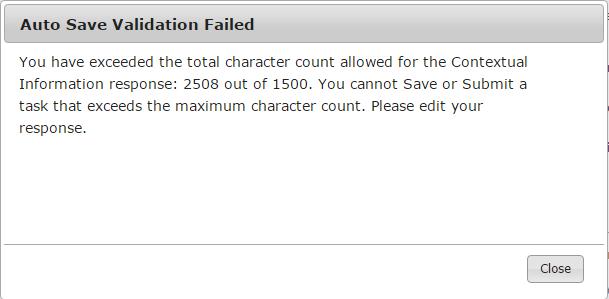 maximum permitted, your response will not be saved and you will be presented with auto save validation errors (as seen in Figure 37).