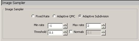 Adaptive Subdivisions Sampler Open Image Sampler under Options, V-Ray's default uses Adaptive Subdivisions as its method of calculating antialiasing. Default Min Rate is -1, Max Rate is 2.