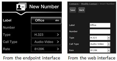 From the XT Series web interface, select Make your call > Contacts > Add Contact. From the endpoint's main menu, select Contacts > Add.