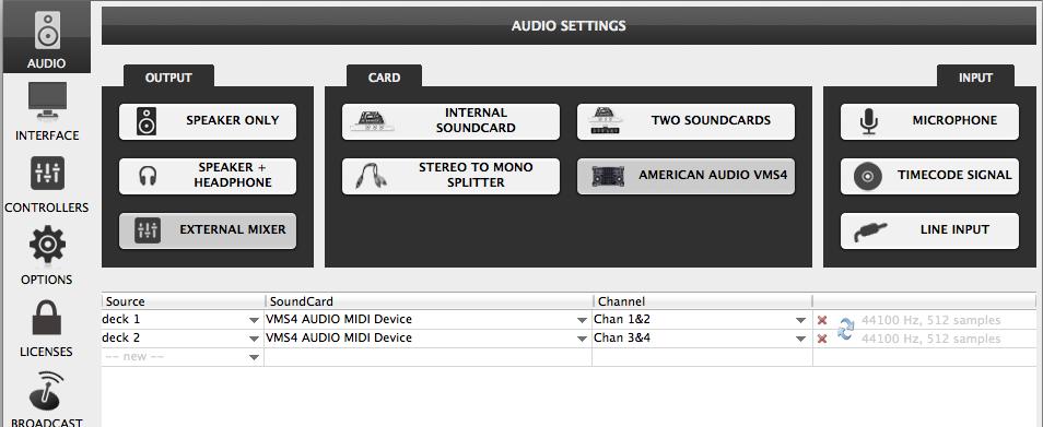 4out mode audio configuration (Mac OSX) Timecodes The VMS4 is capable to offer a Timecode setup (DVS) with its built-in 4out/4in audio interface.