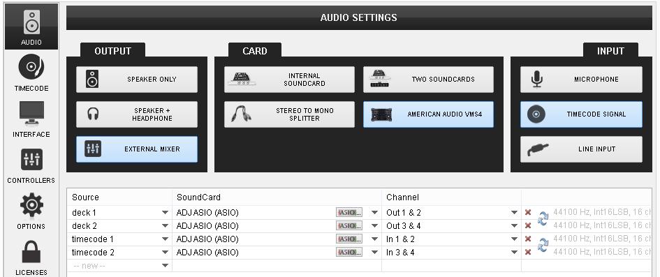 Launch VirtualDJ 8, head to the AUDIO tab of Settings and click on the TIMECODE SIGNAL button you will find at the INPUTS tab of the Audio Settings.