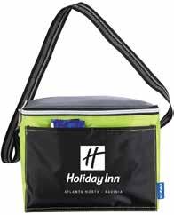 Totes and Duffels Totes and Duffels Cooler Item #: IHGMHI1102-L Features: The cooler features a front slip pocket, striped polyester web shoulder strap reinforced with rivets, six can capacity,