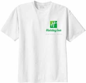 Apparel and Headwear Apparel and Headwear White T-Shirt with Left Chest Screen Item #: IHGMHI1006-L Features: 100% cotton t-shirt. Four color process, left chest imprint of Holiday Inn logo.