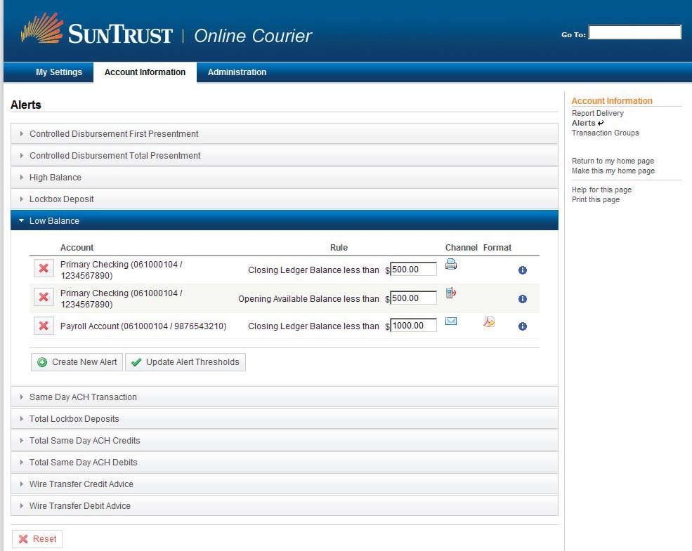 Quick Reference Guide Online Courier: Alerts Service The SunTrust Online Courier Alerts service notifies you of specific events on your accounts to help you take an action, like when your account
