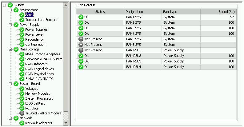 2.2 System menu 2.2.1 Environment subsystem 2.2.1.1 Fans The Environment subsystem displays the selected subsystem and its status, see also "System status icons" on page 65.