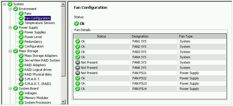 2 The ServerView System Monitor main window 2.2.1.2 Fan Configuration The Fan Configuration component displays the status of the fan, the designation and the fan type.