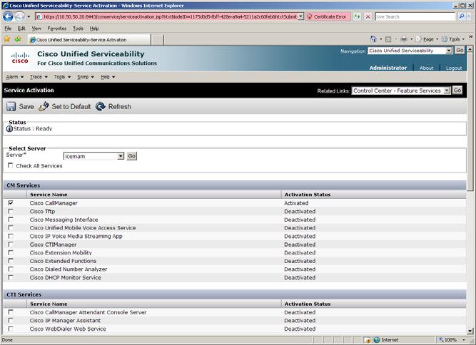 Dialogic Brooktrout SR140 Fax Software with Cisco Unified Communications Manager 7.0 From the menu select Tools Service Activation.