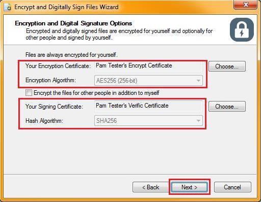 The Encryption and Digital and Signature Options page displays showing the Encryption Certificate and/or Signing Certificates: 6.