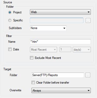 The Files tab defines the file(s) to upload to the server. To upload the website, set the Source Folder to Project and select Web.