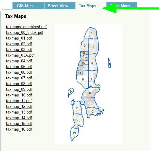 Tax Maps Tab The Tax Maps Tab offers links to the latest official full size tax maps in PDF format. Tax Maps Tab Activate the Tax Maps Tab to show links to the latest official Tax Maps in PDF format.