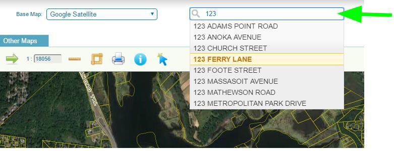 Using the Search bar is usually the first step to locating a Parcel and accessing its Property Record Card, Tax Map, or running an Abutters Notification List.