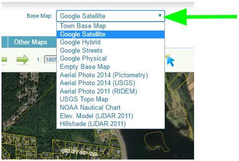 Base Maps The Base Map menu is located near the top of the Web GIS and provides access to Satellite Imagery, Aerial Photos, Orthophotography, USGS Topo Maps, Google Maps, Hillshades, Elevation