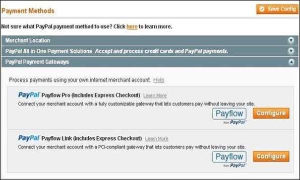 Click on the Configure button to enter details for Payflow Pro and Payflow Link options respectively.