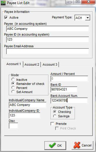 b. Select Active in the top right corner. Enter the first Payee as it was entered in the accounting software. c. Click O.K. to save this record. 6.