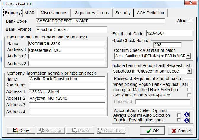 i. Bank Code Required. This should match the checking account code used in your accounting software. ii. Bank Prompt PrintBoss Select will duplicate the Bank Code in this field if it is left blank.