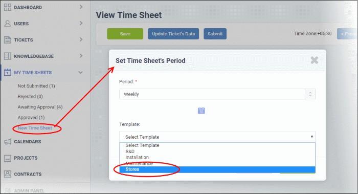 selection when a staff member creates a time sheet in the Staff Panel.