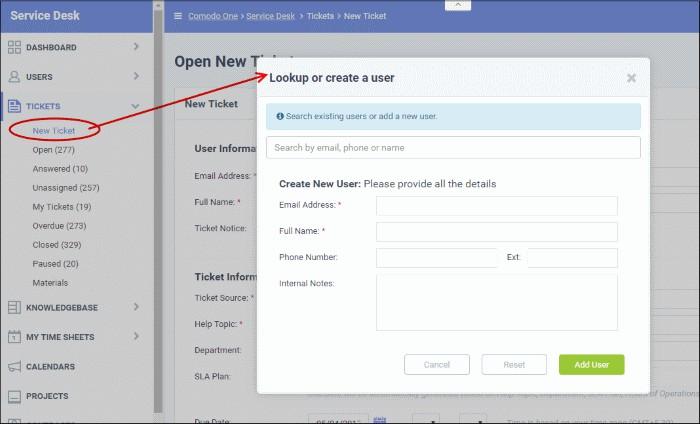 To create a ticket for an existing user, start typing their user name or email ID in the search field. Choose the user from the suggestions then click 'Continue'.