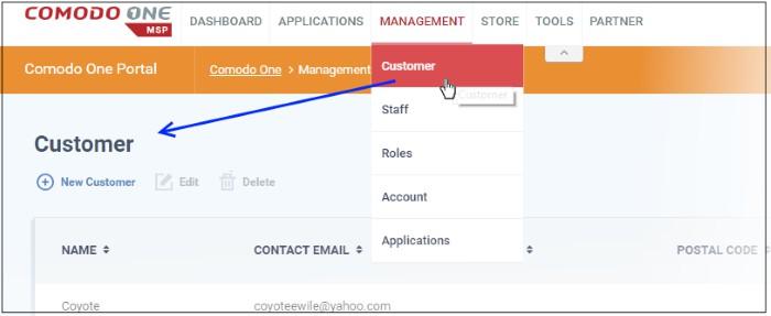 The Customer interface displays the list of customer organizations added to Comodo One.