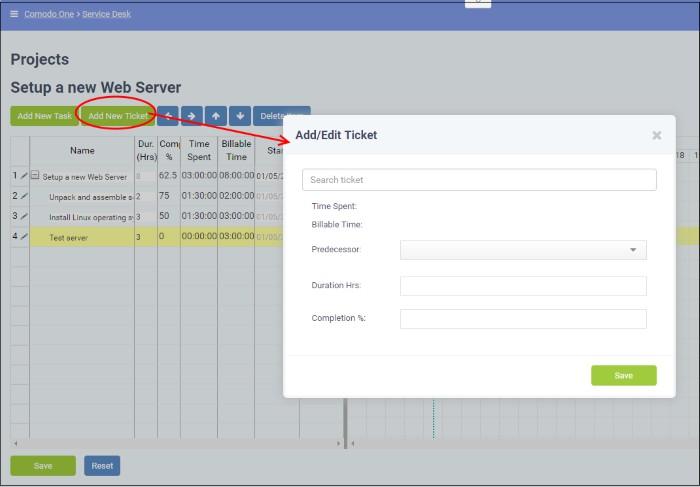 The Add/Edit ticket dialog will appear. Enter the ticket number or subject of the ticket in the 'Search Ticket' field and choose the ticket to be added from the drop-down options.