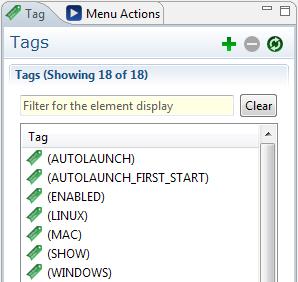 Management Reference > The Management Client Element: Tag The Tag Elements can be used to categorize your Menu Actions. All Menu Actions are assigned a number of Tags.