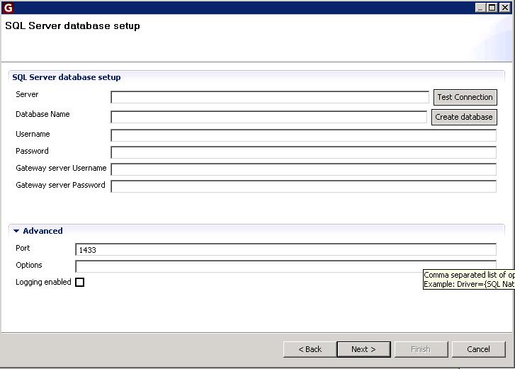 Configuration Reference > Wizards Database configuration Both the SQL Server and MySQL configuration window looks like this: Here, the database configuration can be entered: Standard Server Name or