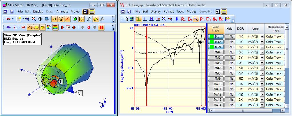 Figure 6: 3D animation and display of the data sets in ME scopeves To analyze the vibration behavior of the motor, you can now move the cursor to the various revolution speeds in the diagram.