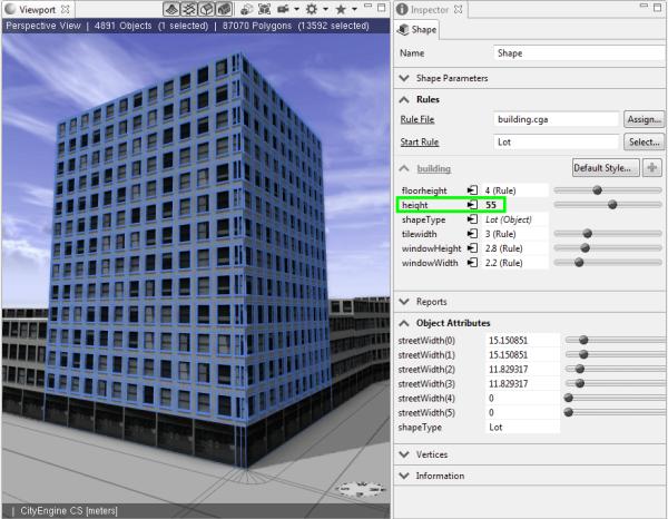 6. Manually edit the rule s building height parameter in the Inspector: Once you manually change attributes in the Inspector it will become bold and override the definitions of the rule. 7.