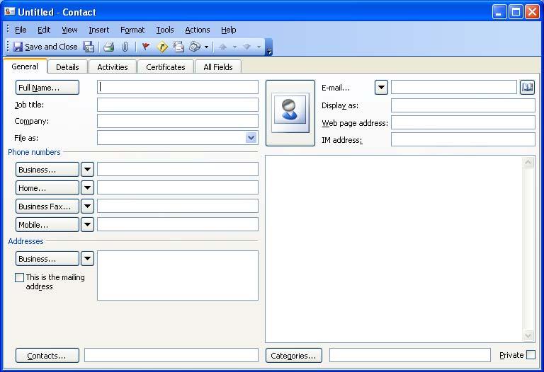 Click on the down arrow next to the New button Select Contact Whichever method you use, a Contact dialog box will open.