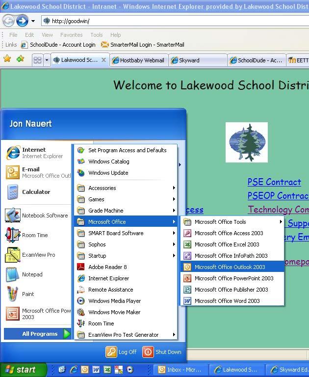 Open Outlook Lakewood School District 1. Click on the Start button located on the Task Bar 2. Highlight Programs if you have Windows 2000 or All Programs if you have Windows XP. 3.