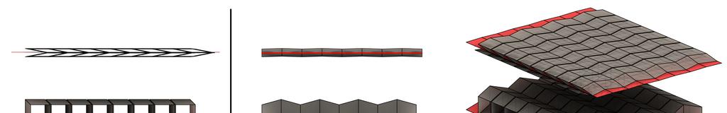 Figure 2. A transformable corrugated sandwich surface. Red indicates the generating surface. In the design phase, we construct the top and bottom offset structures based on the given middle surface.