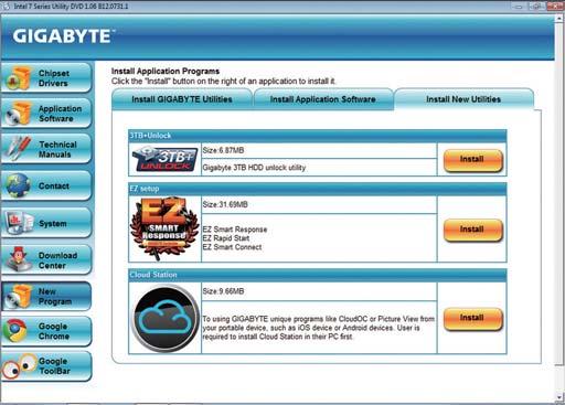 3-7 New Program This page provides a quick link to GIGABYTE's lately developed utilities for users to