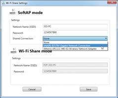 Step 2: When the Wi-Fi Share Settings dialog box appears, select a currently running network connection you