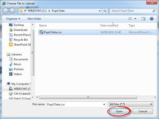 Upload Pupil Data 1. Navigate to the Pupil Data tab in the top menu. 2. Click the button, to search for the CSV file to upload from your computer. 3.