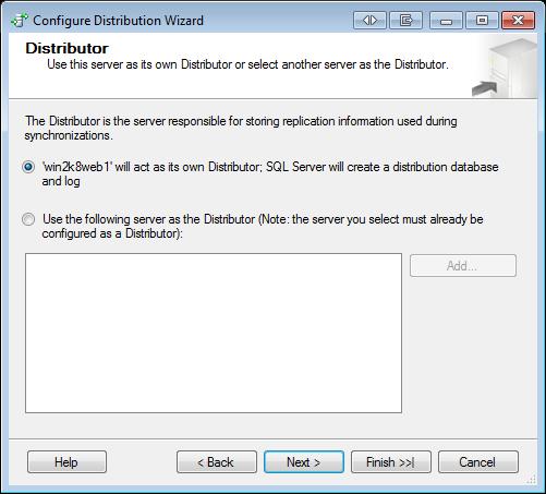 4. As you can see in the above screenshot, you will be provided two choices of where to configure the Distribution database you can either configure it on the same server which is acting as the