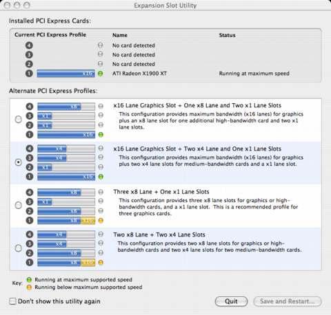 Troubleshooting Techniques Expansion Slot Utility on Mac Pro With the Mac Pro systems (except Harpertown), you have the ability to change (or re-assign) the speed of the PCIe slots, with something
